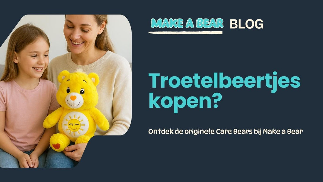 Originele Troetelbeertjes (Care Bears) in verschillende kleuren met unieke buikemblemen – personaliseer je knuffel bij Make a Bear