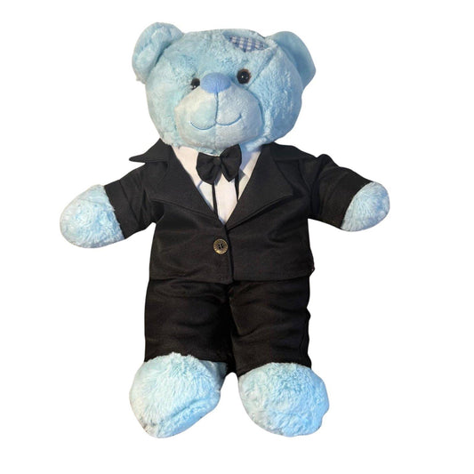 Blauwe beer Binkie draagt een stijlvolle smoking – aangeklede knuffel van Make a Bear voor feestelijke gelegenheden
