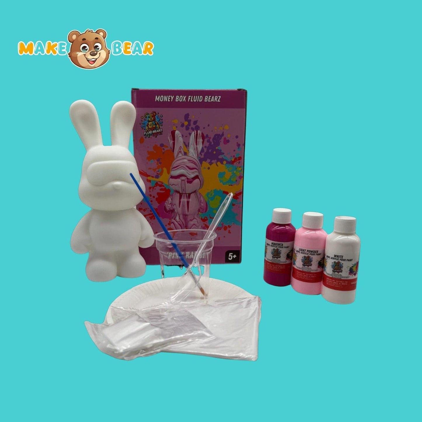 Overzicht van de Fluid Bearz DIY-kit met konijnvormige spaarpot (23 cm), roze, witte en paarse verf, mengbekers, lepels, handschoenen, instructieboekje en beschermmatje.