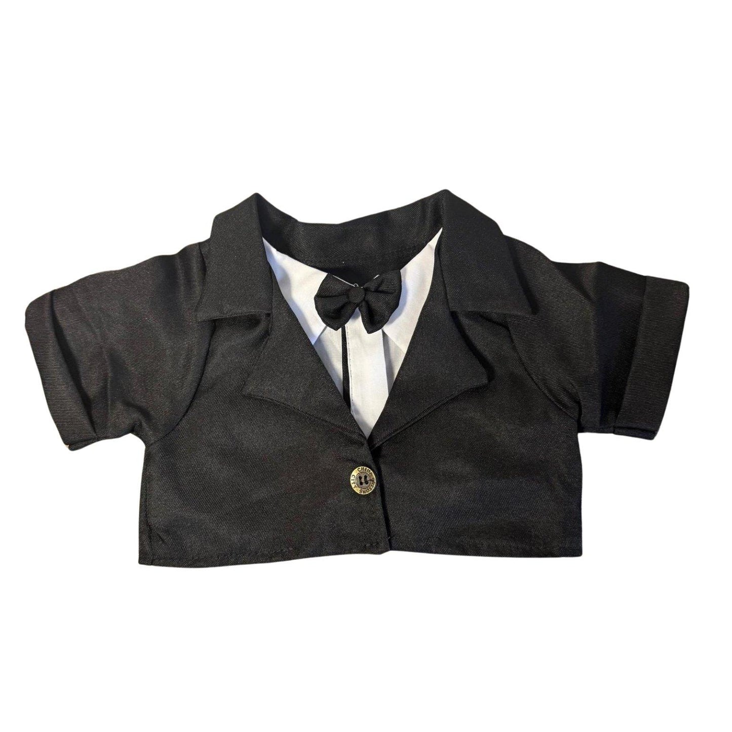 Close-up van jasje en blouse van de smoking voor knuffels – stijlvolle en feestelijke outfit van Make a Bear