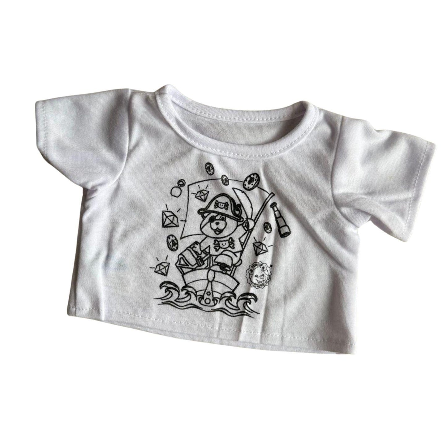 Wit t-shirt voor knuffels met piratenprint – kleurplaat op textiel die kinderen zelf kunnen inkleuren, perfect accessoire van Make a Bear