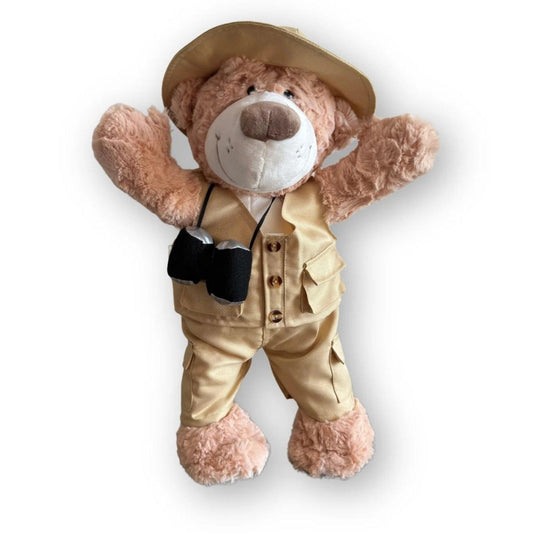 Knuffelbeer in Safari outfit – vest, broek, hoed en verrekijker, eigen knuffel maken bij Make a Bear
