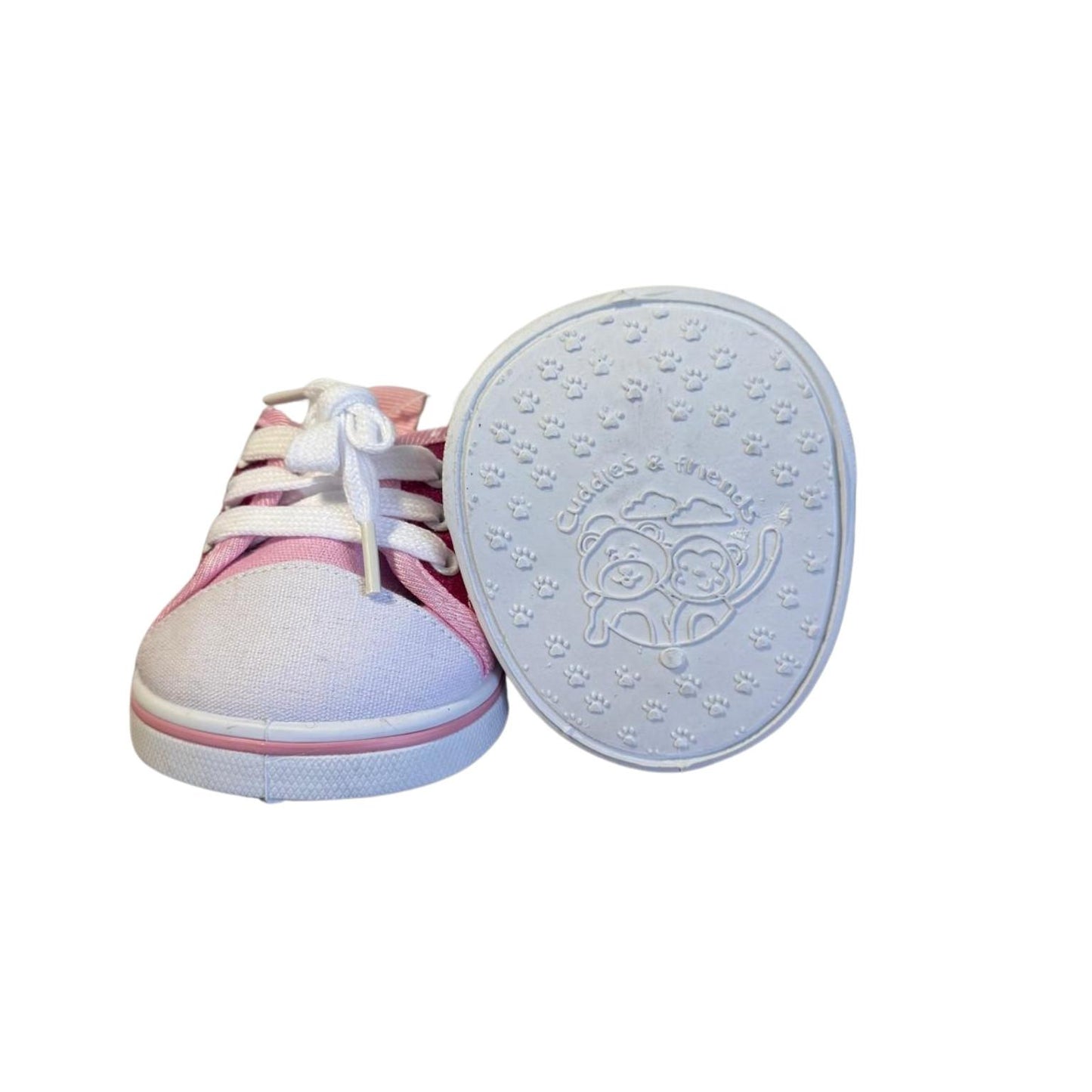 Zool van roze knuffelsneakers met pootafdrukjes en Cuddle & Friends logo – originele schoentjes voor Make a Bear knuffels