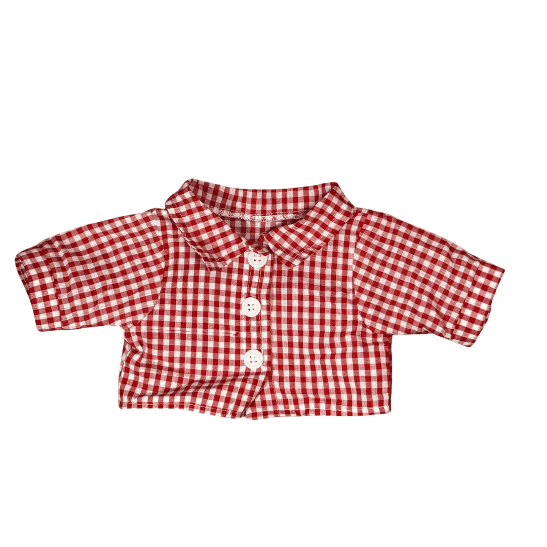 Boeren overall voor knuffel - Make a bear de blouse die bij de boerenoverall hoort. Hij is rood wit geruit. Heeft nep knoopjes. Je kan de blouse dicht maken met klittenband.