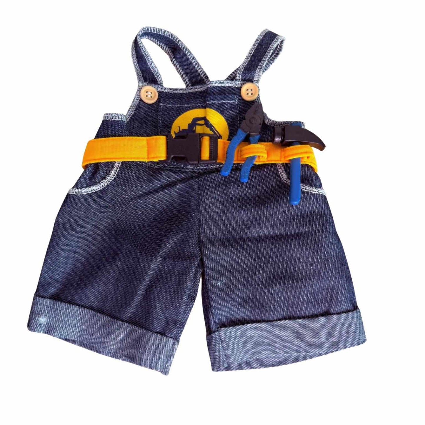Stoere knuffel tuinbroek met hamer en tang – onderdeel van de bouwvakker outfit van Make a Bear