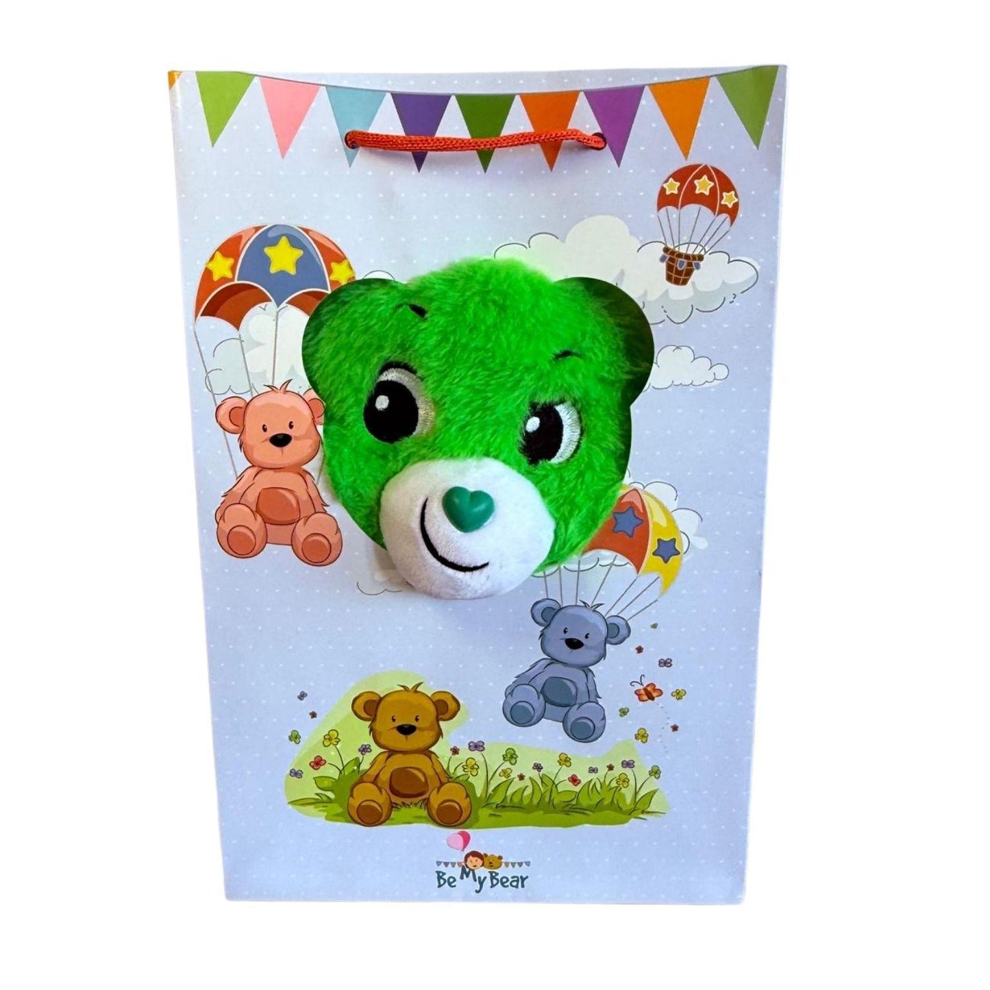 Care Bear in draagtas van Make a Bear – hoofd zichtbaar door berenkop-vormig venster