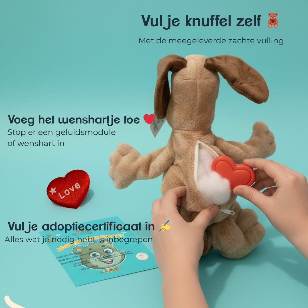 Infographic van Make a Bear met stappen om je eigen knuffel te vullen – van kiezen tot vullen en adopteren.