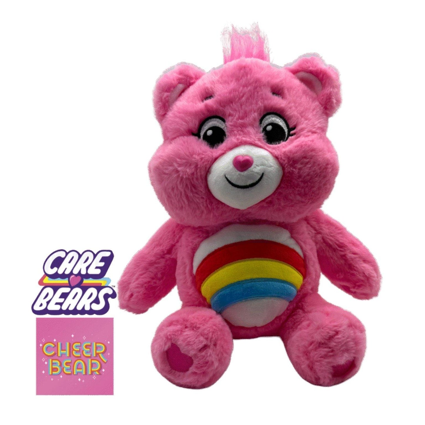 Zittend Lachbeertje – Cheer Bear met zichtbaar Care Bears-logo in de afbeelding, roze knuffel met regenboogembleem