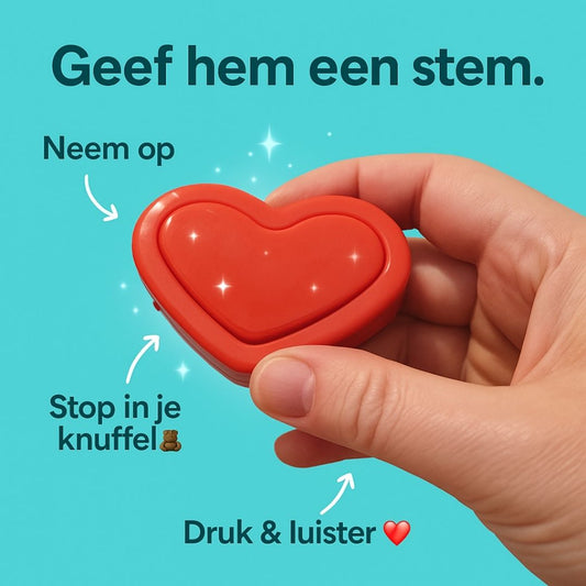 Infographic over de geluidsmodule van Make a Bear ā uitleg hoe je een persoonlijk bericht inspreekt en toevoegt aan je knuffel.