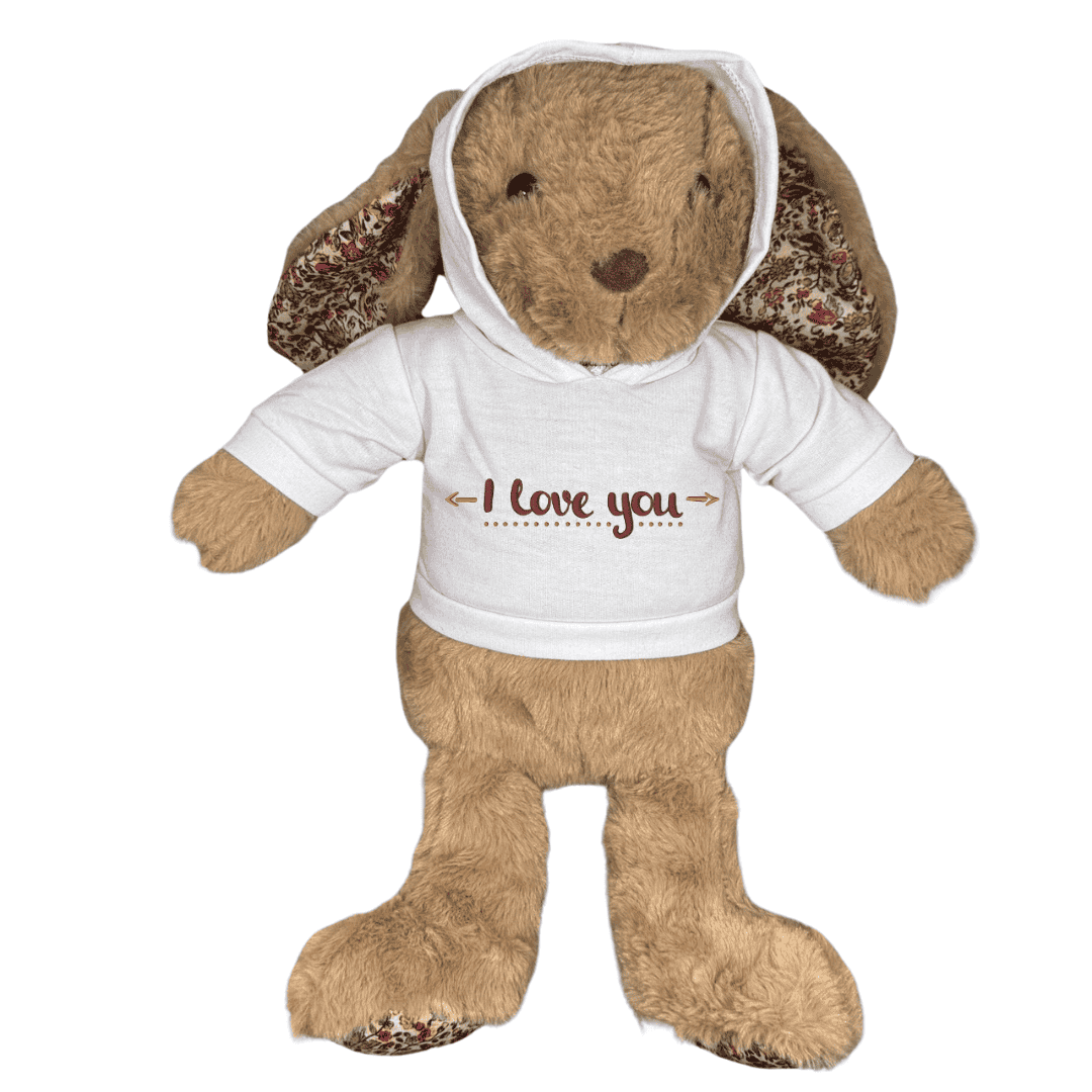 Knuffel van 40 cm met een witte hoodie aan, inclusief ooropeningen in de capuchon. met geborduurde tekst op de hoodie, i love you. speciaal voor valentijn