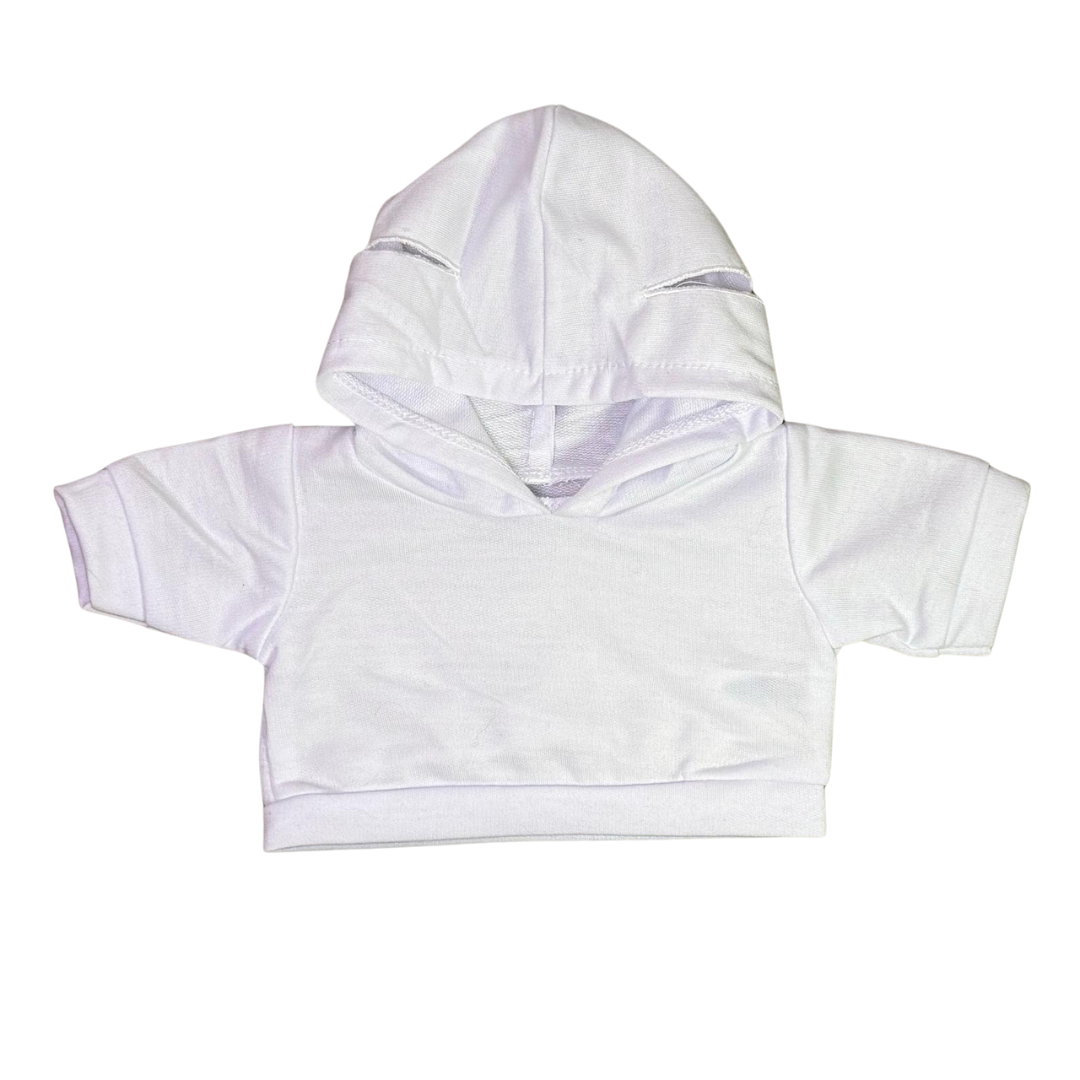 Witte hoodie voor knuffels van 40 cm, met openingen in de capuchon voor de oren.