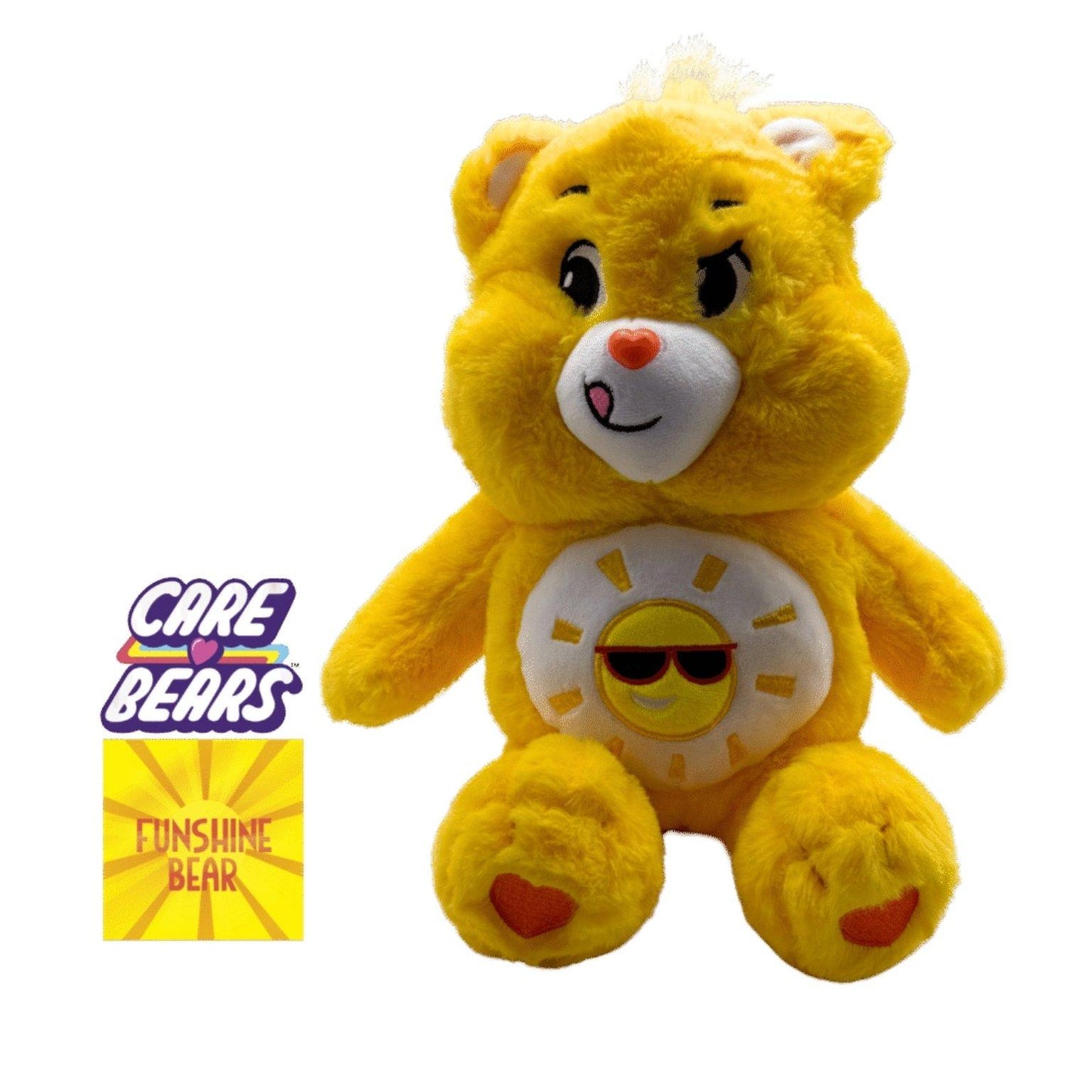 Zittend Zonnebeertje β Funshine Bear met zichtbaar Care Bears-logo in de hoek, vrolijke gele knuffel met zon-embleem