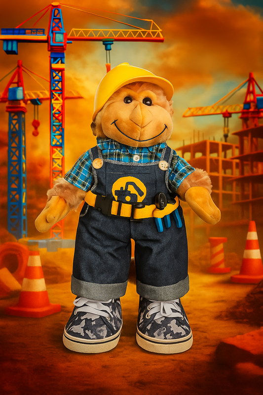 Pluche aapknuffel genaamd Mooki, gekleed in een schattige bouwvakkersoutfit met helm en werkpak