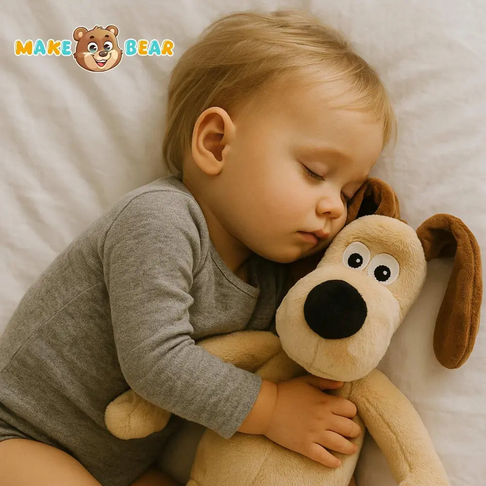 Slapend kind met zelfgevulde knuffel van Make a Bear