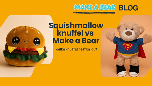 Afbeelding van een zachte Squishmallow en een Make a Bear knuffel naast elkaar, met de tekst “welke knuffel past bij jou?” – vergelijking van zachtheid, personalisatie en cadeauwaarde.