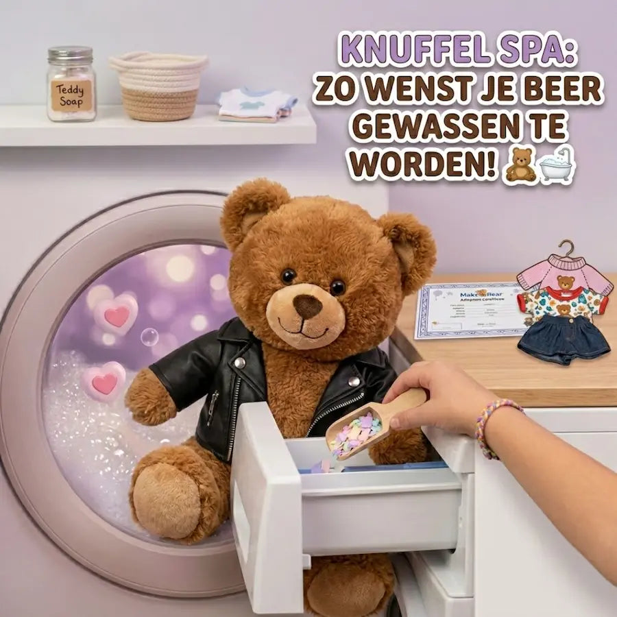Een kind wast voorzichtig een bruine Make a Bear teddybeer met een leren jas in een wasmachine spa.