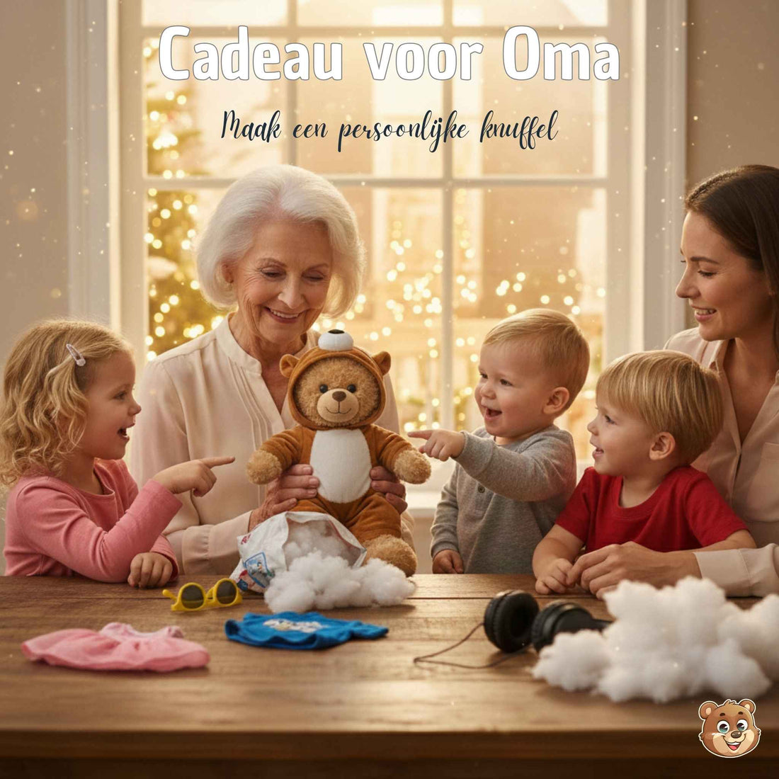 adeau voor oma, Kleinkinderen en oma poseren samen met de knuffel en opname module.