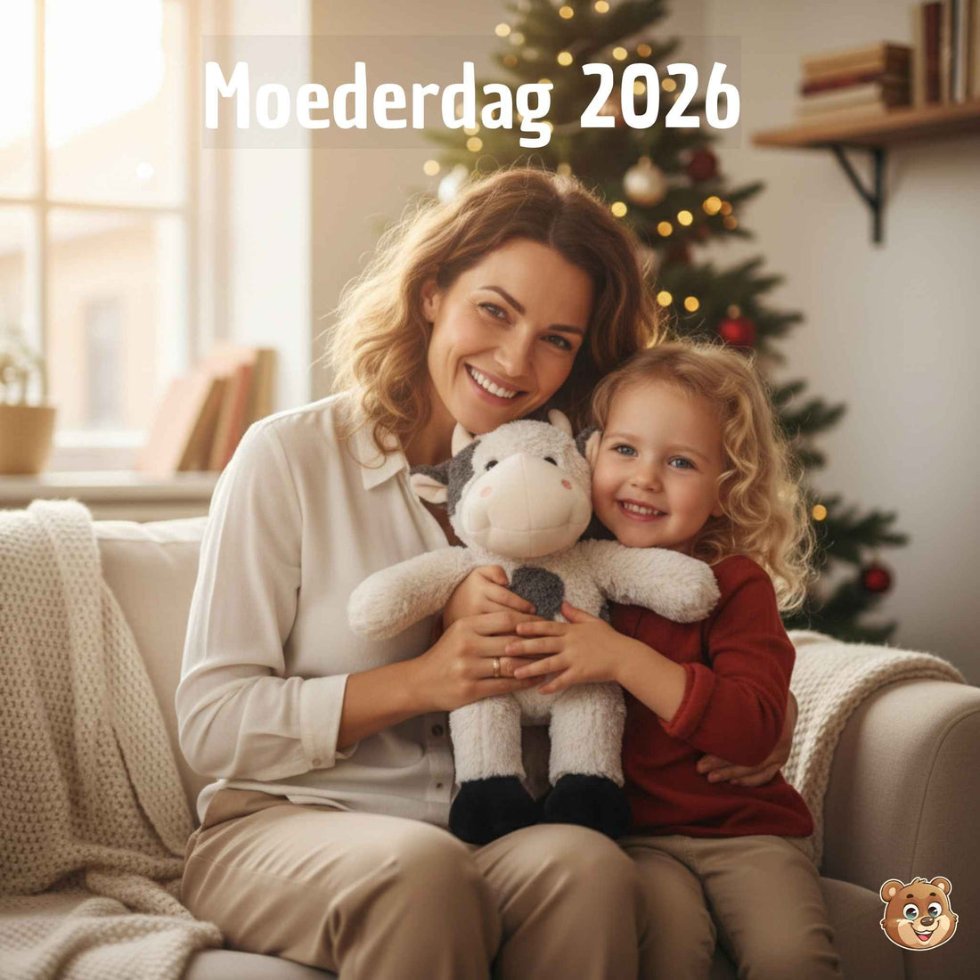Moederdag cadeau 2026: Lachende moeder en dochter knuffelen een gepersonaliseerde koe knuffel van 40cm - Make a bear.