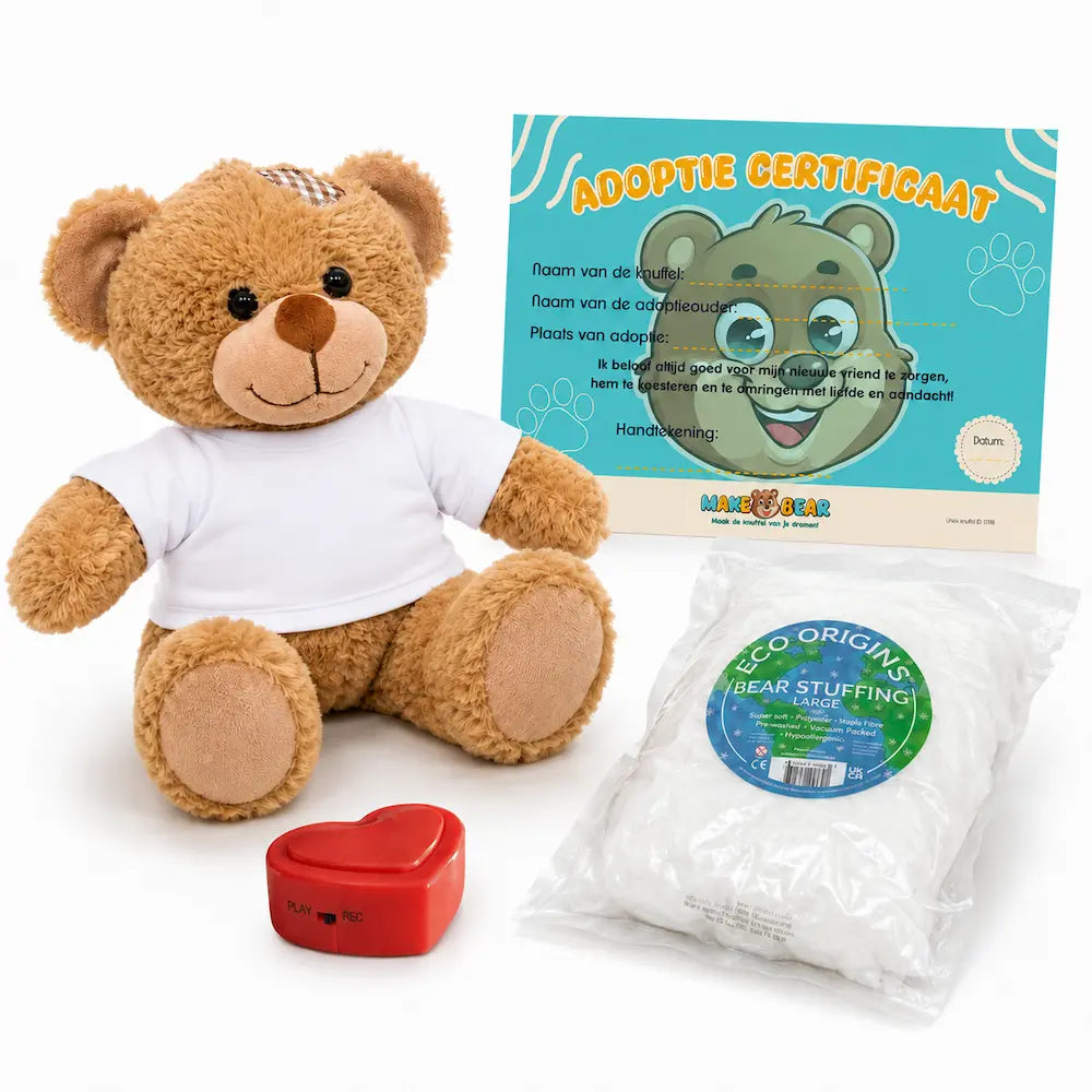 zelf je knuffel vullen ,met wenshartje en adoptie certificaat