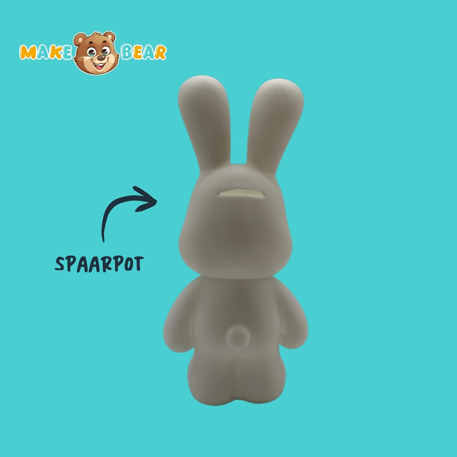 Achteraanzicht van het ongeverfde Fluid Bearz konijn van 23 cm met duidelijke muntgleuf, die de spaarpotfunctie zichtbaar maakt. Wit hard kunststof beeldje klaar om te decoreren.