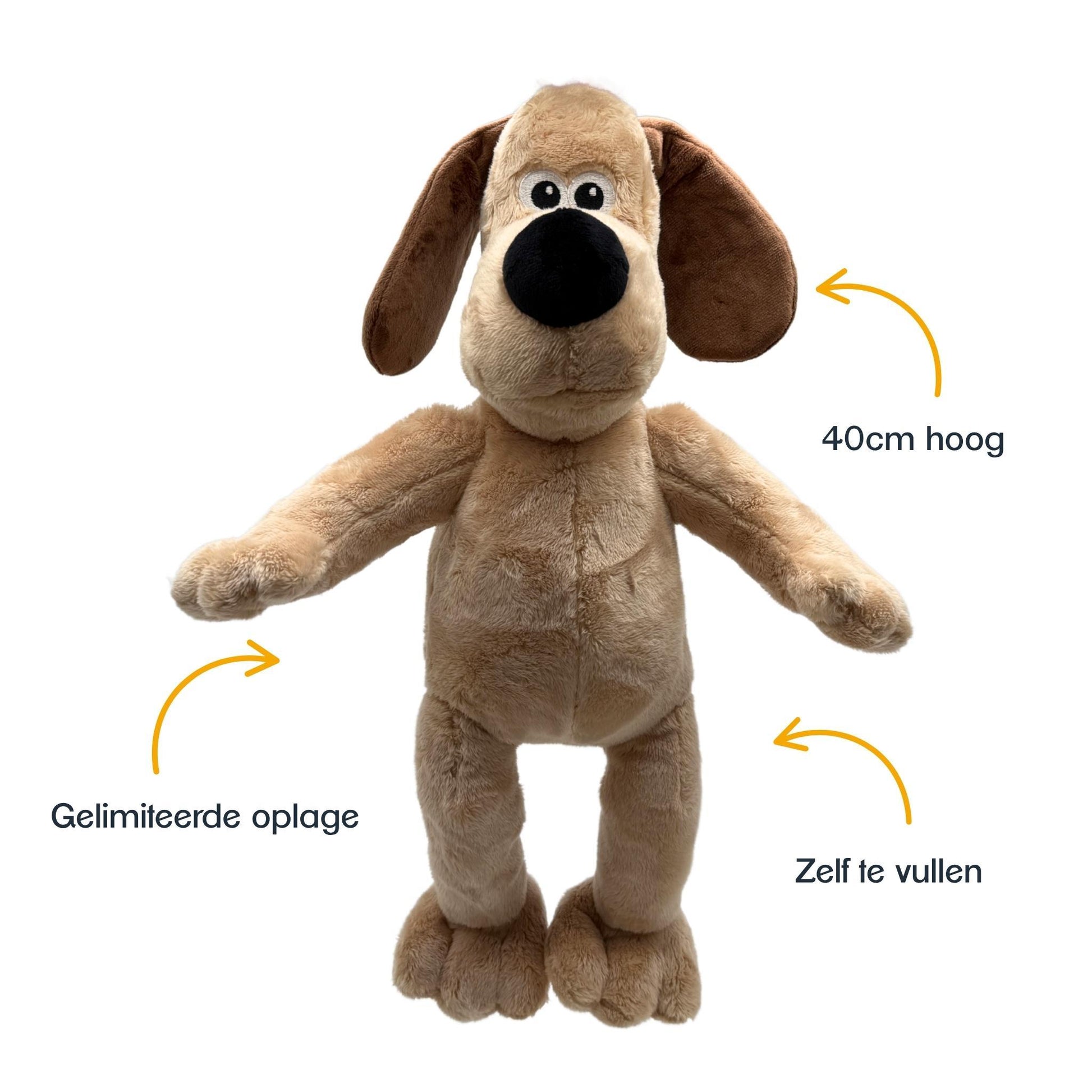 Close-up van Gromit knuffel details geïnspireerd op Wallace & Gromit – zachte en zelf te vullen knuffel van Make a Bear