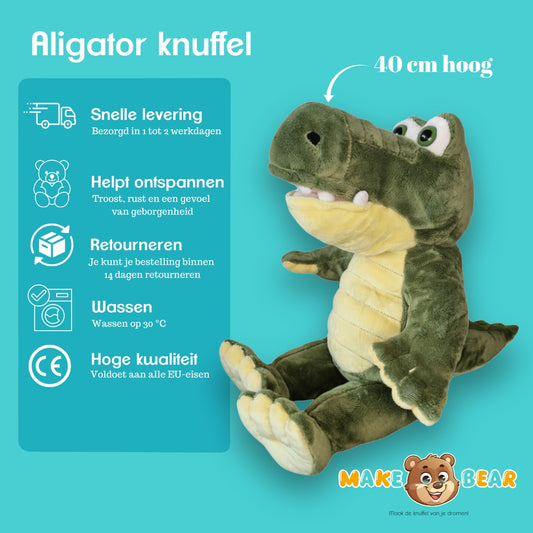 Infographic alligator knuffel – maak je eigen knuffel en personaliseer bij Make a Bear