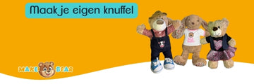 Maak je eigen knuffel, home page, make a bear. Drie knuffels die aangekleed. Doorlinken naar de pagina om je eigen knuffel zelf samen te  stellen. 