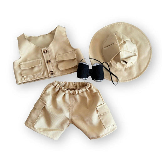 Safari knuffel outfit compleet – vest, cargo broek, hoed en verrekijker voor Make a Bear knuffels
