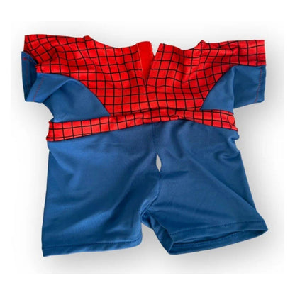 Spiderbeer outfit compleet met cape voor knuffels, opening voor de staart van de knuffel– superheldenoutfit om zelf knuffel te verkleden bij Make a Bear