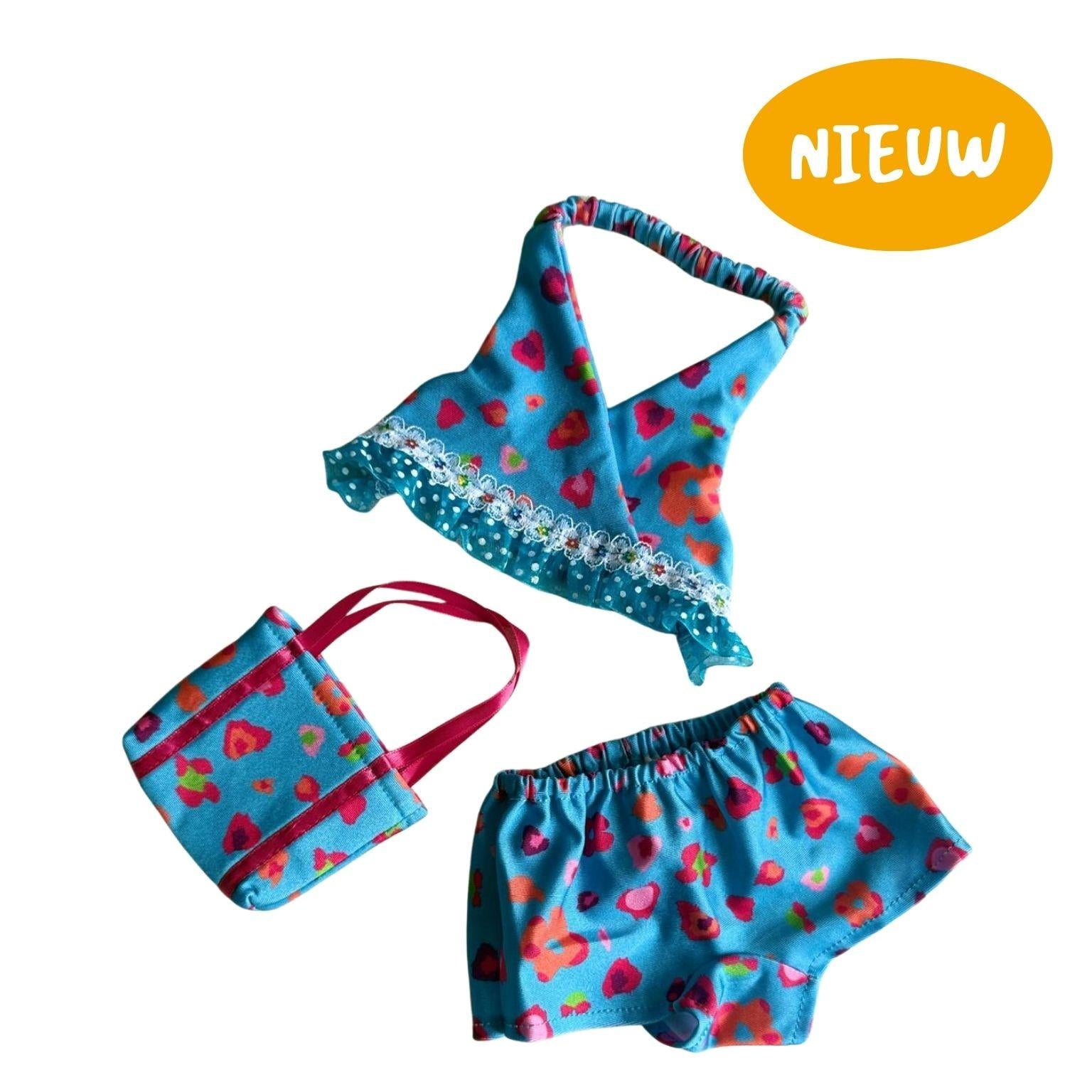 Blauw-roze bikini met bloemenprint voor knuffels – zomerse outfit van Make a Bear