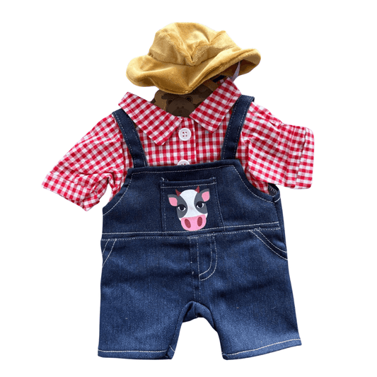 Boeren overall voor knuffel - Make a bearBoeren overall voor knuffel - Make a bearBoerenoverall voor knuffel, bestaande uit een spijkerstof tuinbroek, rood - wit geruit shirt en een bijpassend hoedje. Perfect voor 40 cm knuffels.