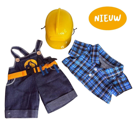 Complete bouwvakker outfit voor knuffel – fantasierijke knuffelkleding van Make a Bear met helm, tuinbroek en shirt