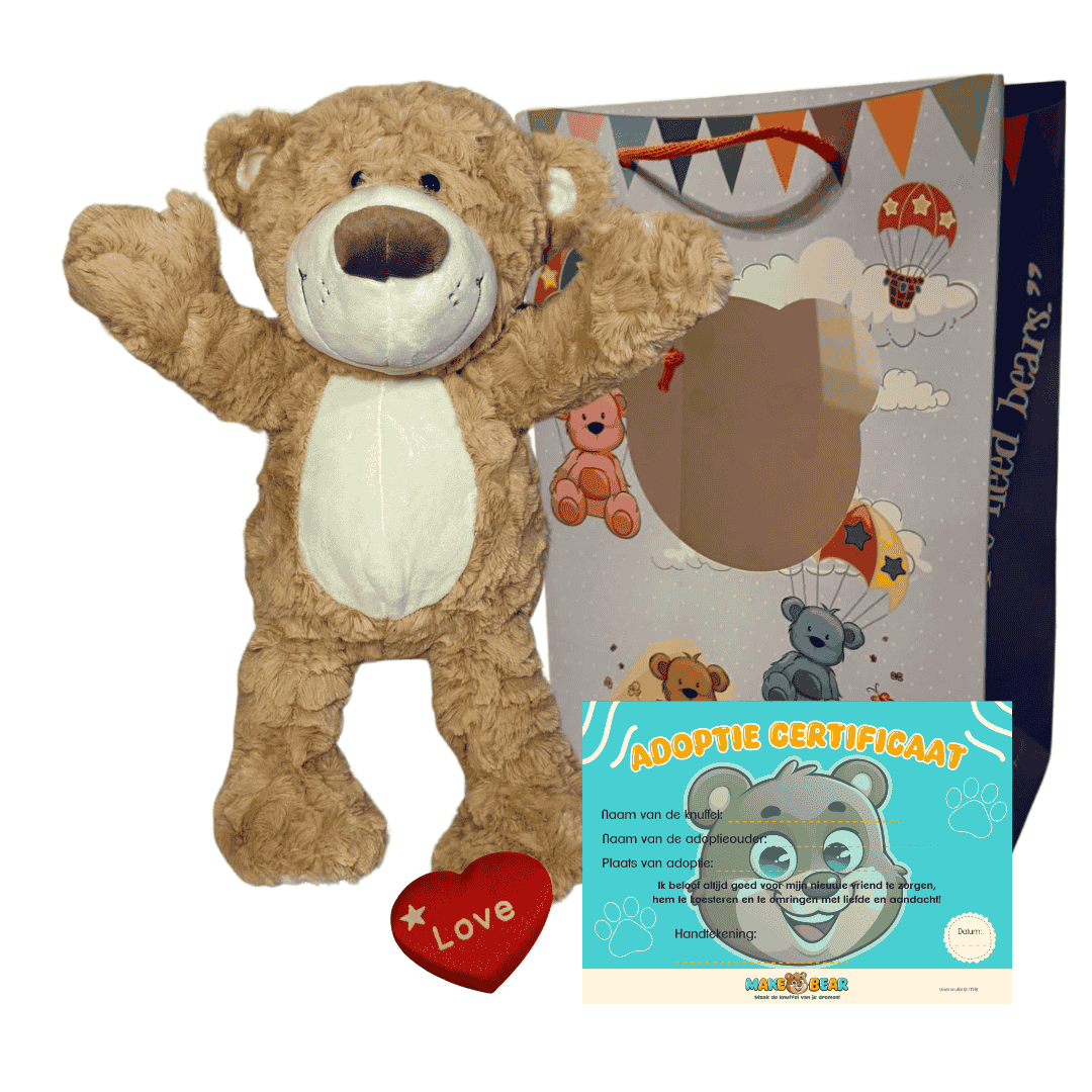 DIY Knuffelpakket - Milo de Knuffelbeer - Make a bearMilo de knuffelbeer, geleverd met wensartje, adoptiecertificaat, knuffelvulling en tasje om de knuffel in te doen, aangeboden door Make a Bear