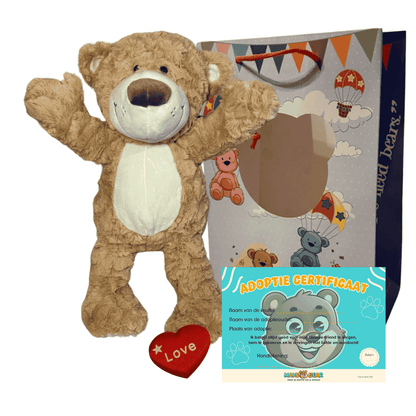 DIY Knuffelpakket - Milo de Knuffelbeer - Make a bearMilo de knuffelbeer, geleverd met wensartje, adoptiecertificaat, knuffelvulling en tasje om de knuffel in te doen, aangeboden door Make a Bear