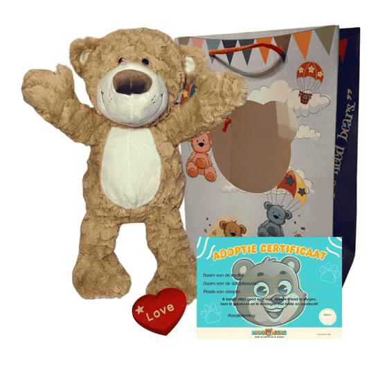 DIY Knuffelpakket - Milo de Knuffelbeer - Make a bearMilo de knuffelbeer, geleverd met wensartje, adoptiecertificaat, knuffelvulling en tasje om de knuffel in te doen, aangeboden door Make a Bear