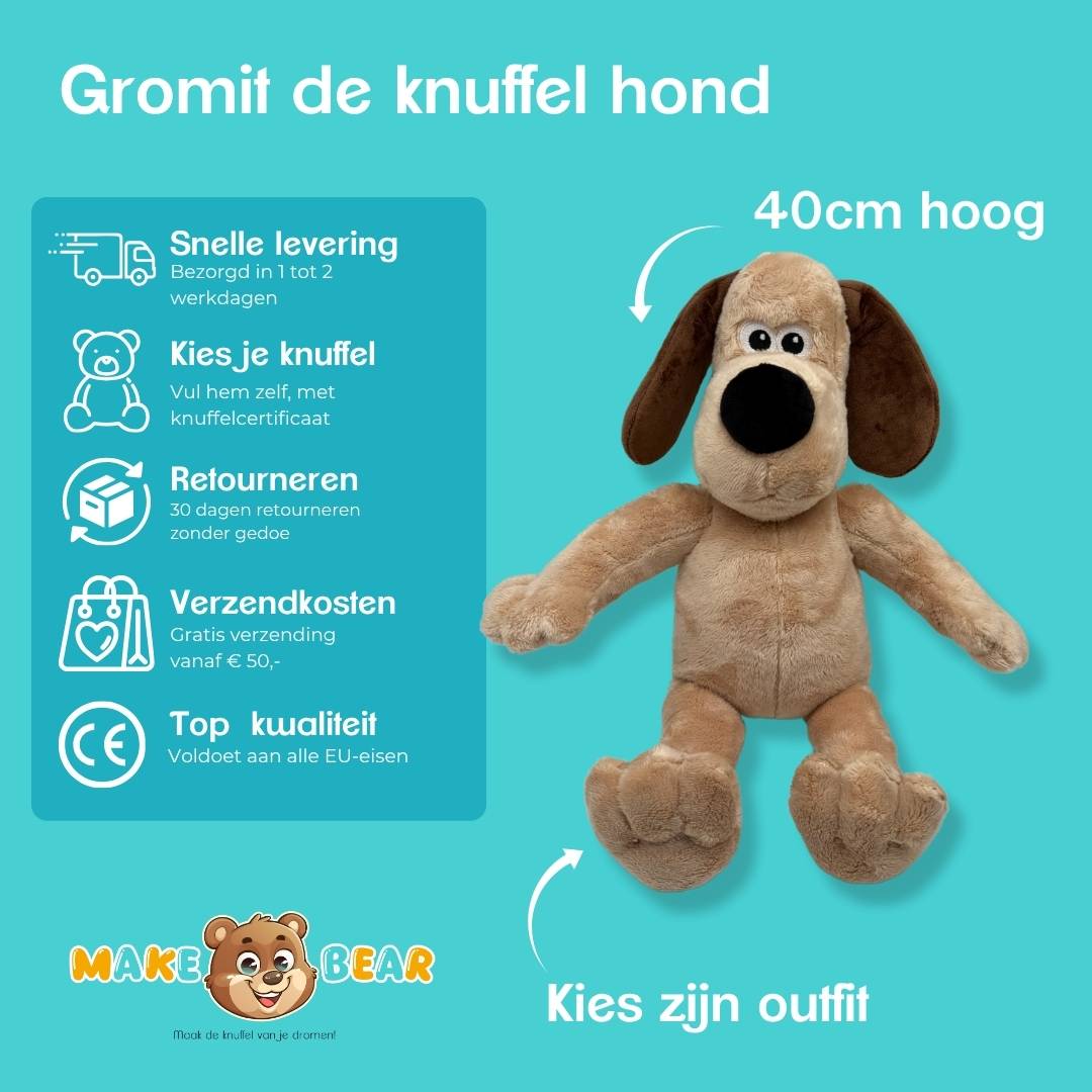 Gromit de knuffelhond – trouwe pluche hond met snelle levering, eenvoudige retouren, lage verzendkosten en topkwaliteit bij Make a Bear.