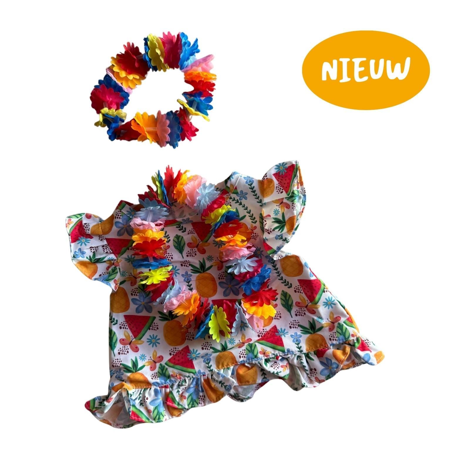 Hawaii jurkje voor knuffel met bloemenketting en hoofdband – zomerse outfit van Make a Bear