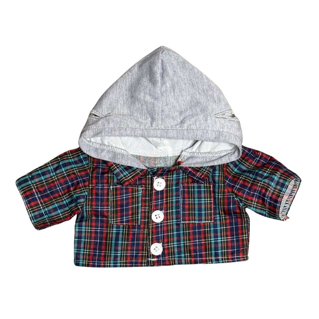 Stijlvolle knuffelkleding met een geruite hoodie en jeans-look, geschikt voor knuffels van 40 cm. Inclusief gaatjes in de capuchon voor oren.
