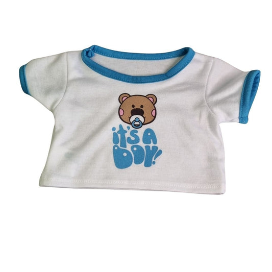 It's a boy t-shirt voor knuffel - Make a bearWit T-shirt voor knuffels met blauwe tekst: 'It's a Boy
