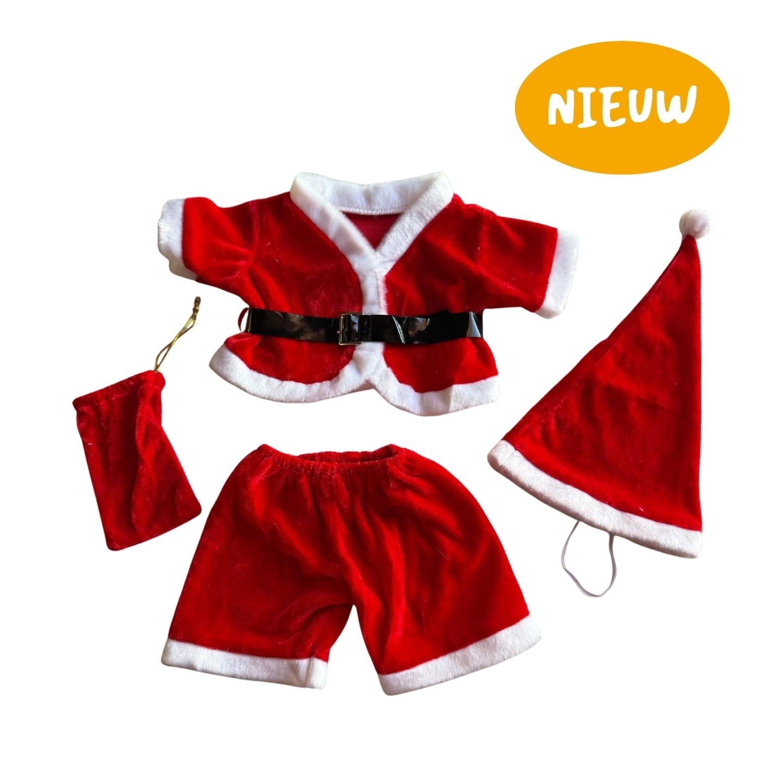 Complete Kerstman outfit voor knuffel – rood setje met jasje, broek, muts en zak van Make a Bear