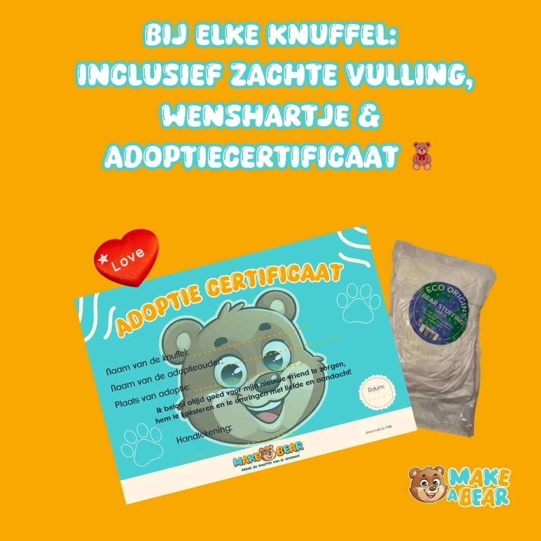 Make a Bear knuffelpakket inclusief vulling, wenshartje en adoptiecertificaat – alles om thuis je eigen knuffel te maken.