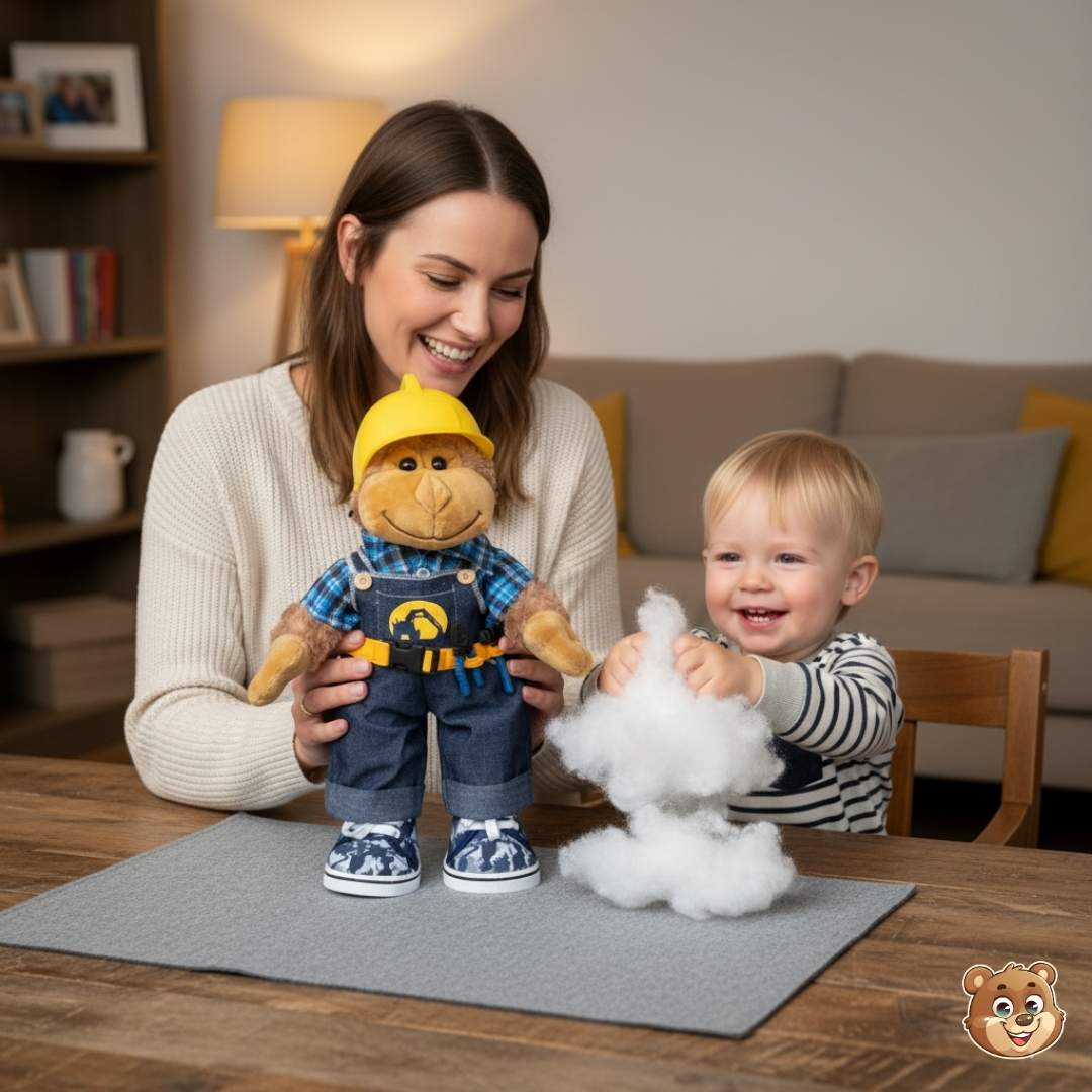 Moeder en kind vullen samen een knuffel aan tafel – thuis je eigen knuffel maken met Make a Bear voor een persoonlijke en liefdevolle beleving