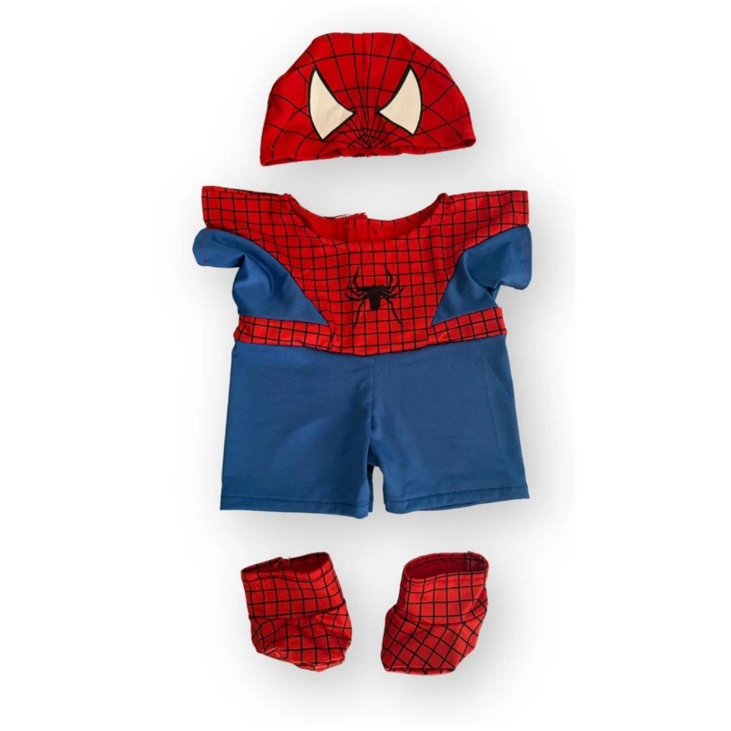 Spiderbeer outfit voor knuffels – stoer superheldenkostuum met cape, eigen knuffel maken bij Make a Bear