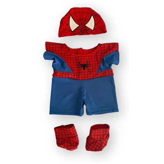Spiderbeer outfit voor knuffels – stoer superheldenkostuum met cape, eigen knuffel maken bij Make a Bear