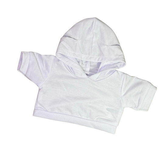 Witte hoodie voor knuffels van 40 cm, met openingen in de capuchon voor de oren.